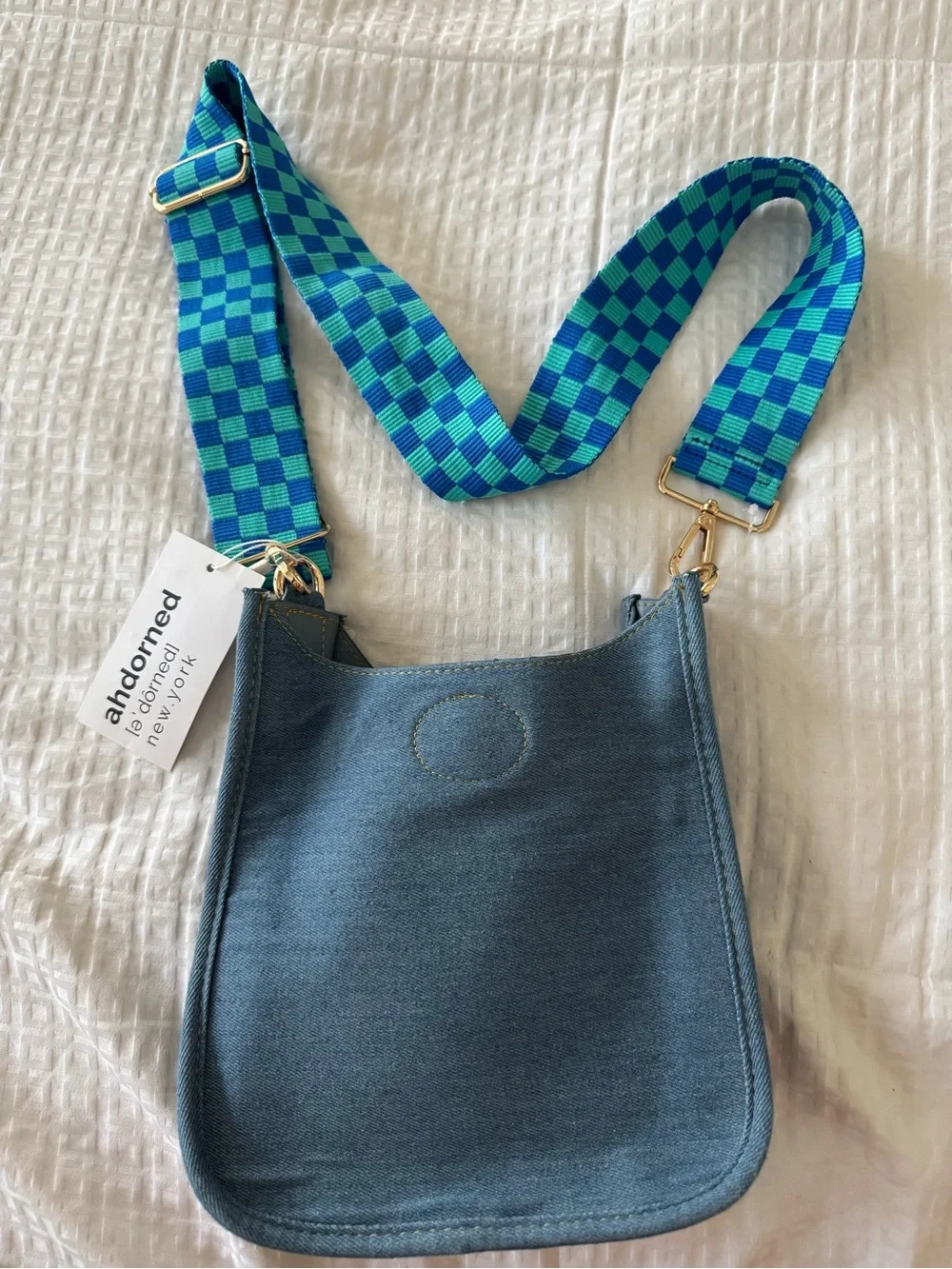 ahdorned New York Blue Denim Crossbody Bag with Blue-Green Check Strap